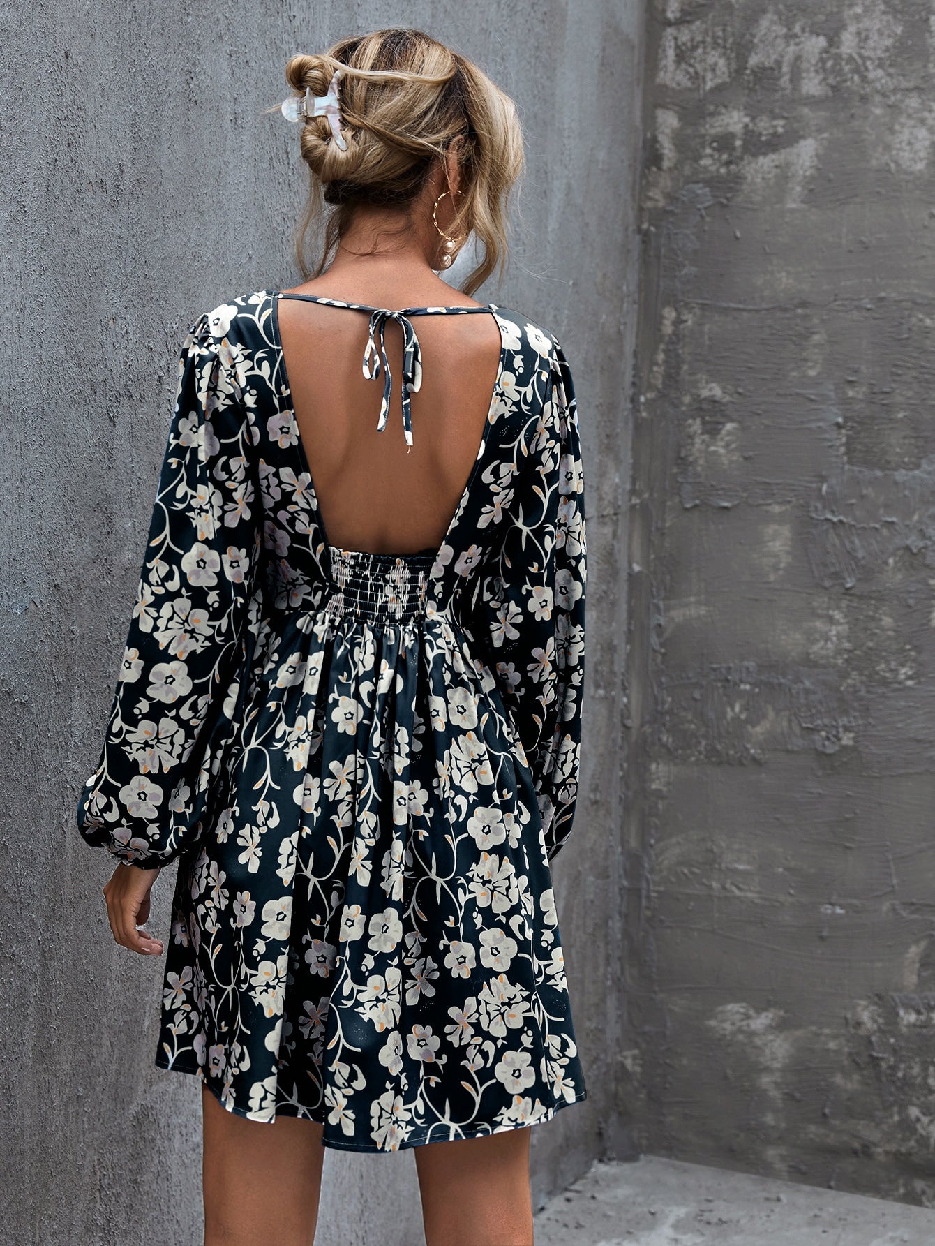 Allover Floral Tie Back Smock Dress