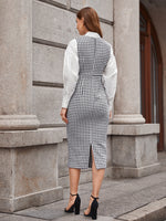 Tie Neck Bishop Sleeve Houndstooth 2 In 1 Dress