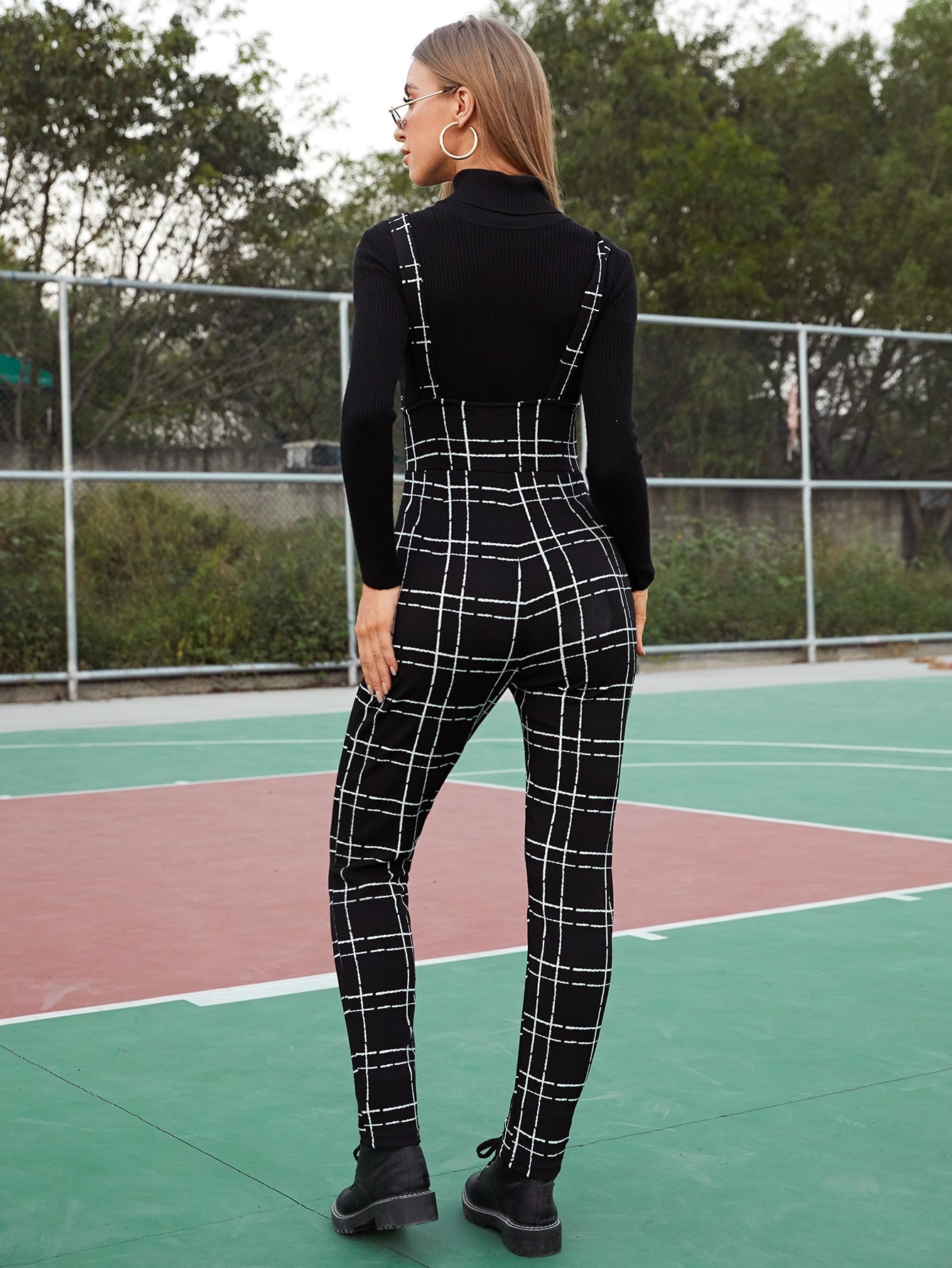 Pocket Detail Plaid Pinafore Jumpsuit Without Top
