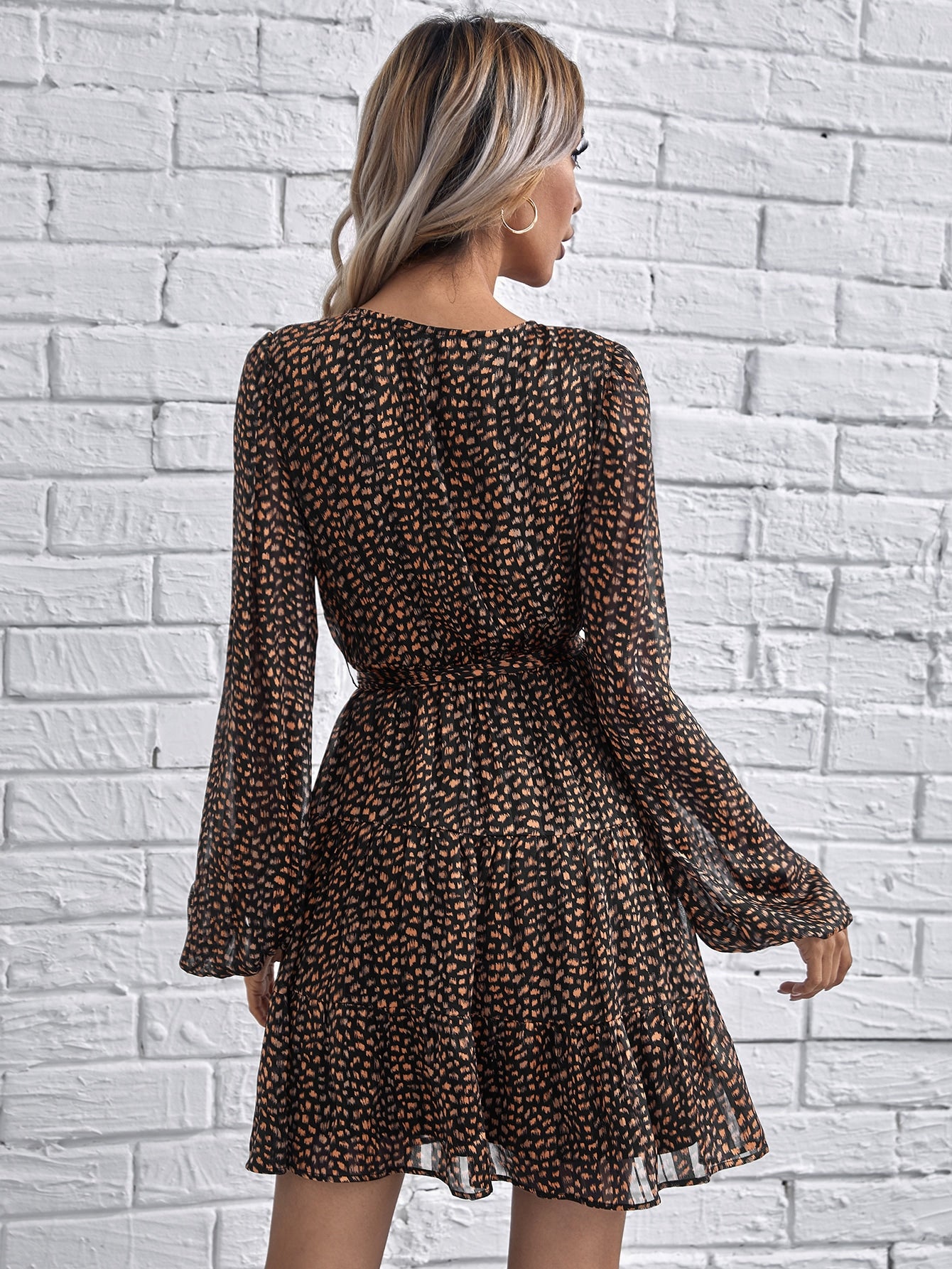 Bishop Sleeve Self Belted Allover Dress