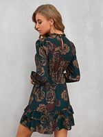 Mock Neck Lantern Sleeve Ruffle Hem Floral Dress