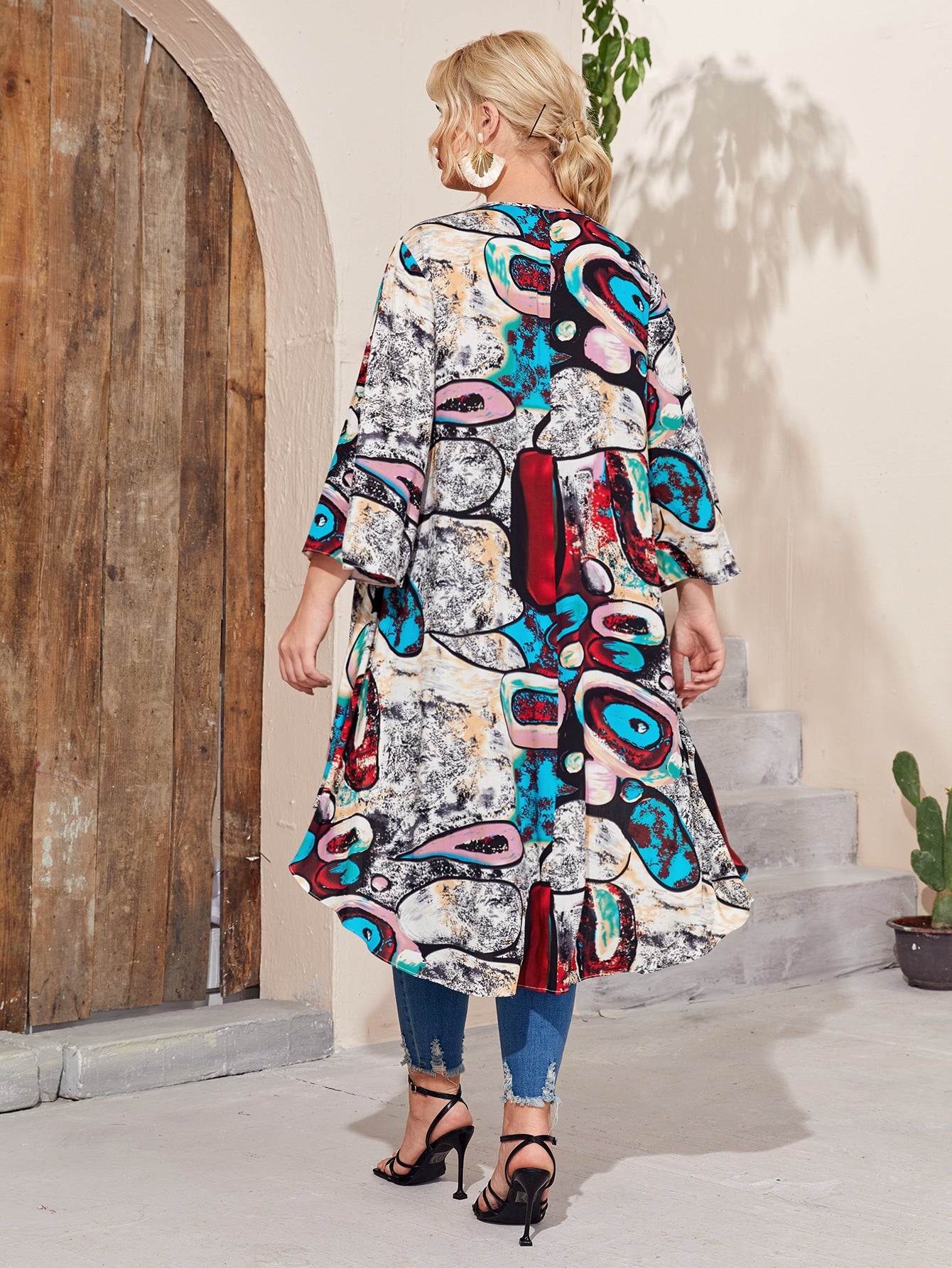 Plus Bell Sleeve High Low Hem Allover Print Top