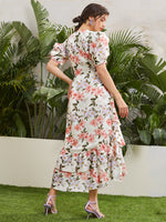 X Dr.kholoud Puff Sleeve Ruffle Trim Asymmetrical Hem Floral Dress