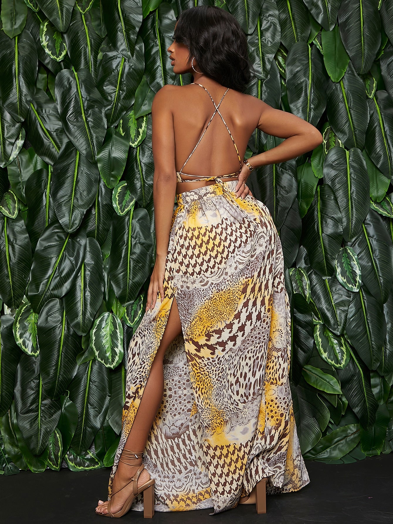 Animal Print Criss Cross Backless Split Thigh Dress