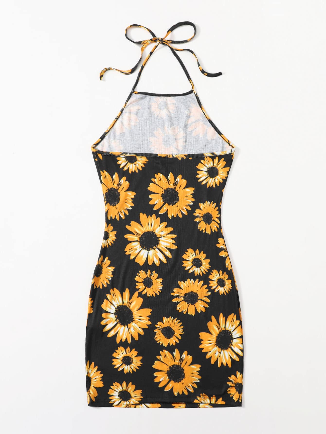 Sunflower Print Halter Bodycon Dress