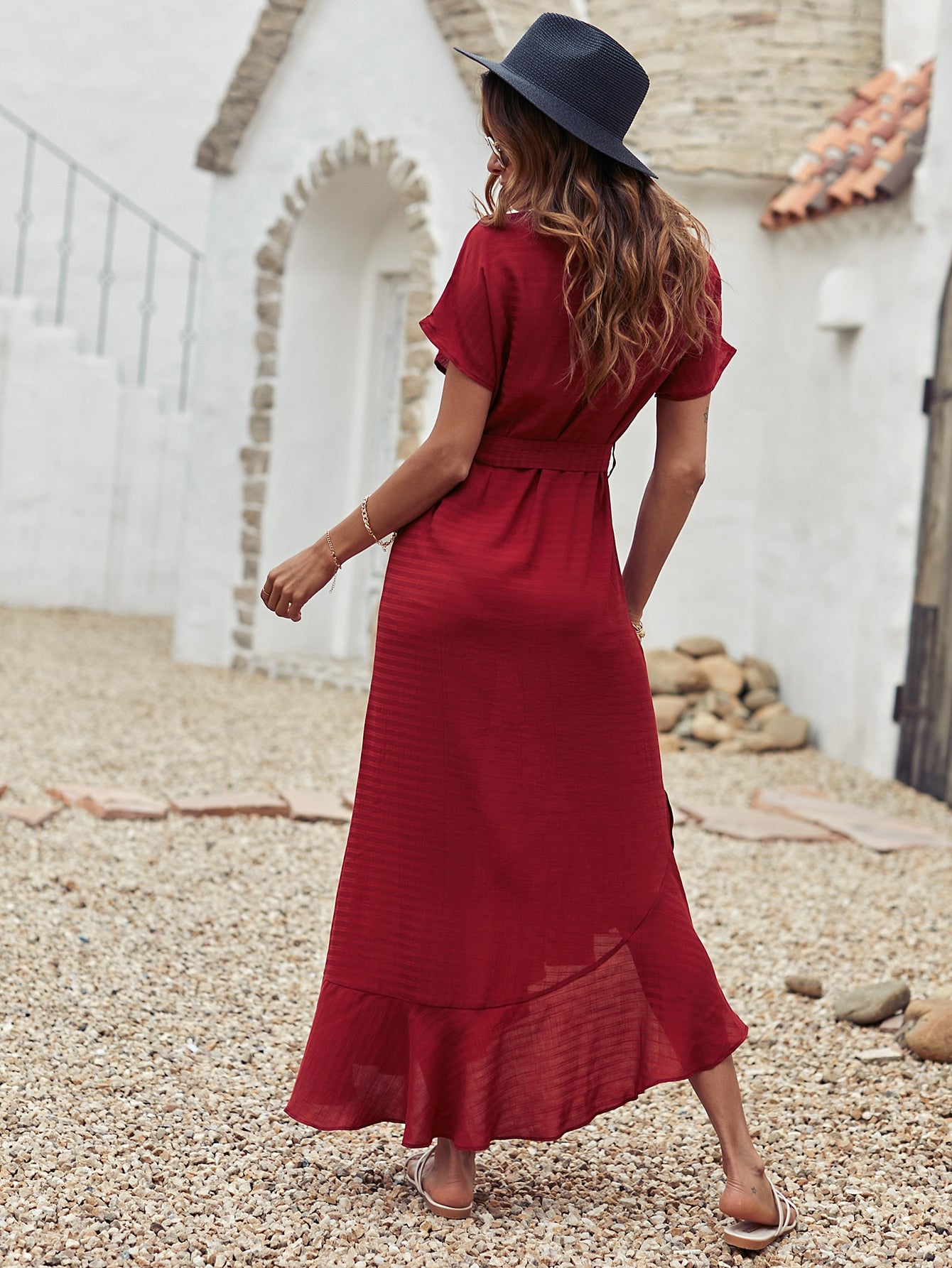 Self Tie Ruffle Asymmetrical Hem Dress