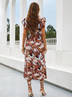 Ruffle Cuff Allover Floral Belted Dress
