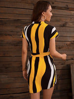 Notched Colorblock Belted Dress