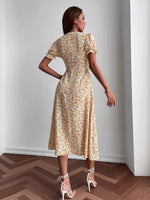 All Over Floral Print Puff Sleeve Tie Front Dress