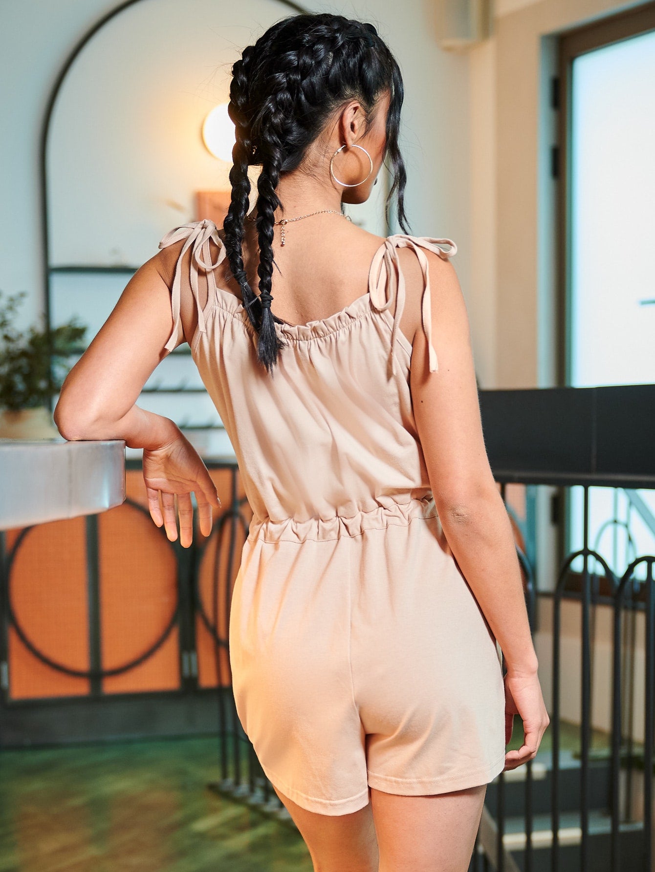 Tie Shoulder Drawstring Waist Cami Romper