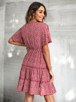 Plants Surplice Neck Belted Layered Hem Dress