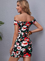 1PC Floral Print Off Shoulder Split Hem Dress