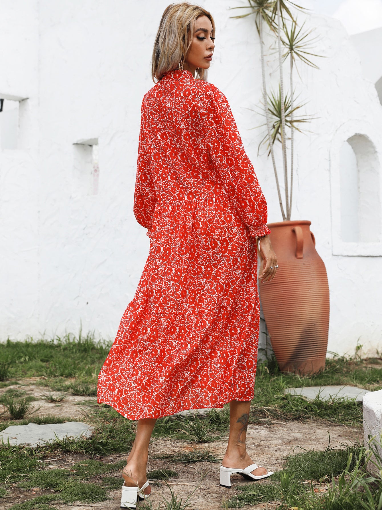 Allover Floral Ruffle Hem Dress Without Belt