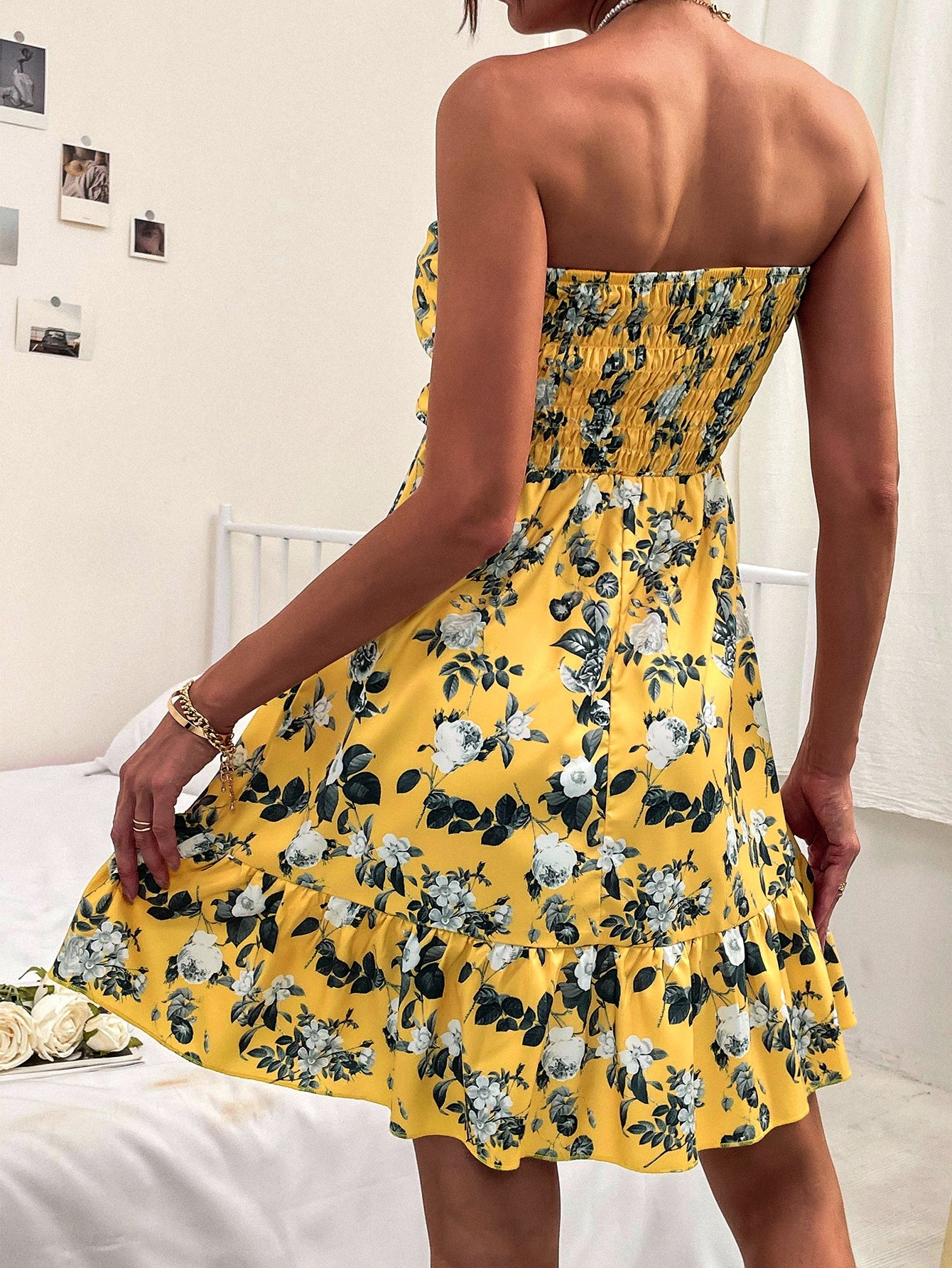 Floral Print Shirred Back Knot Bust Ruffle Hem Dress
