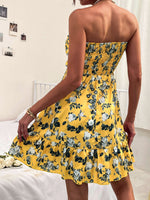 Floral Print Shirred Back Knot Bust Ruffle Hem Dress