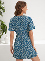 Floral Surplice Neck Knot Ruffle Hem Dress