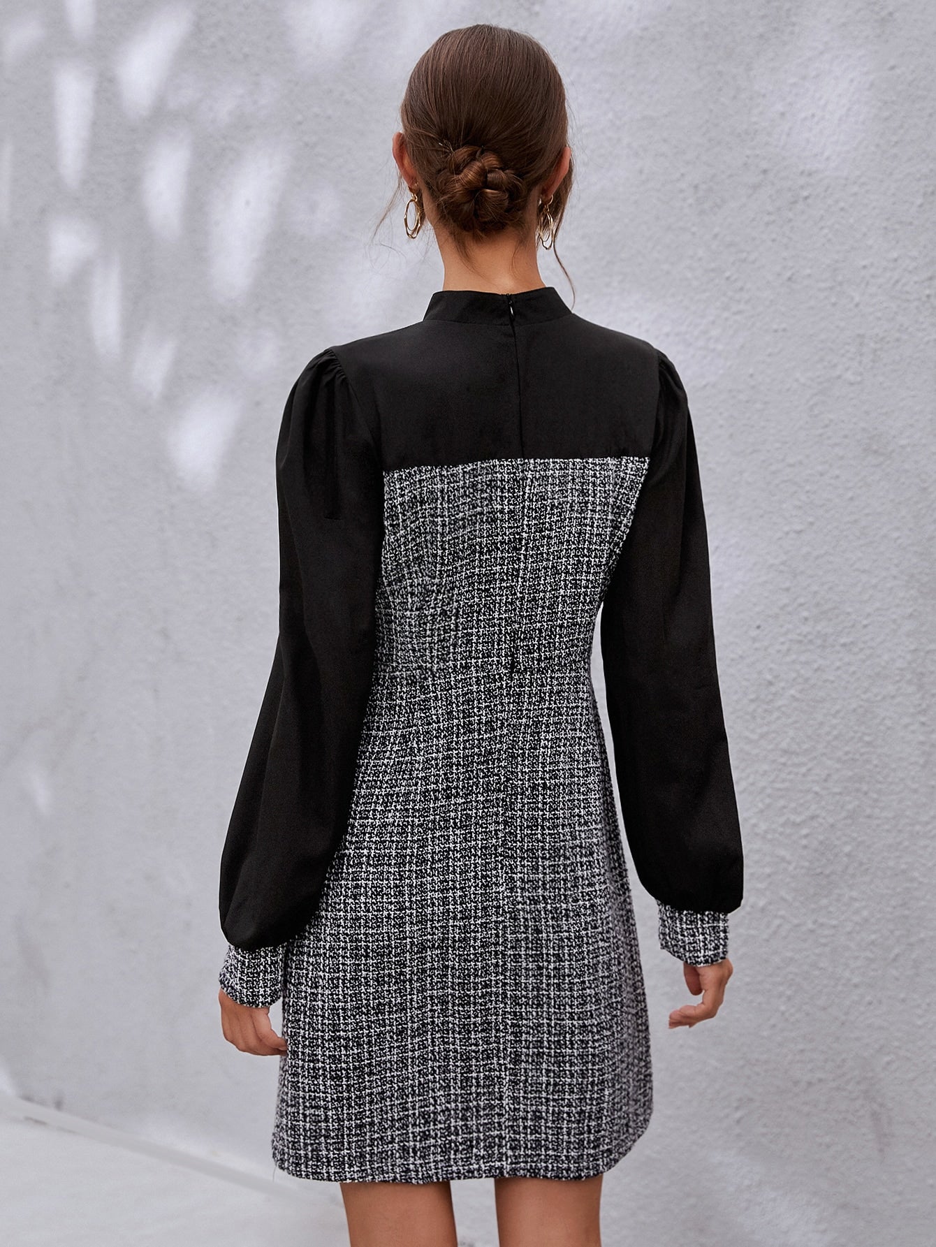 Mock Neck Plaid Pattern Single Breasted Dress