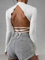 Solid Frill Trim Lace Up Backless Top