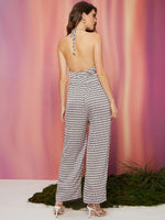 Geo Print Self Tie Backless Halter Jumpsuit