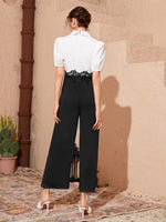 Guipure Lace Appliques Color-block Lapel Neck Button Front Jumpsuit