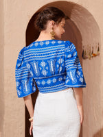 V Neck Geo Print Puff Sleeve Top