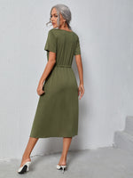 Solid V-neck Drawstring Waist Dress