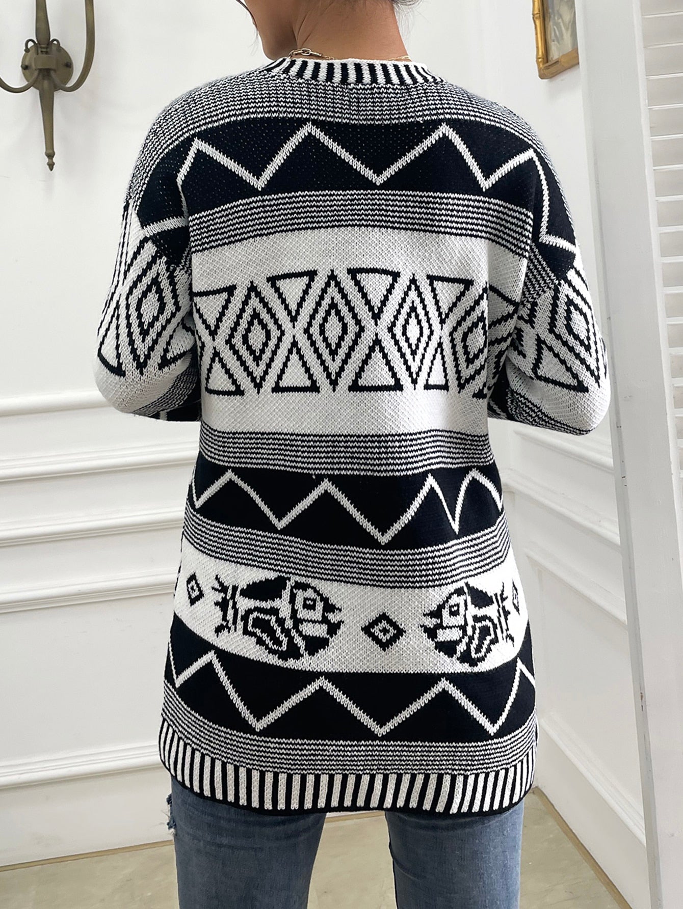 Geo & Striped Pattern Pocket Patched Drop Shoulder Open Front Cardigan
