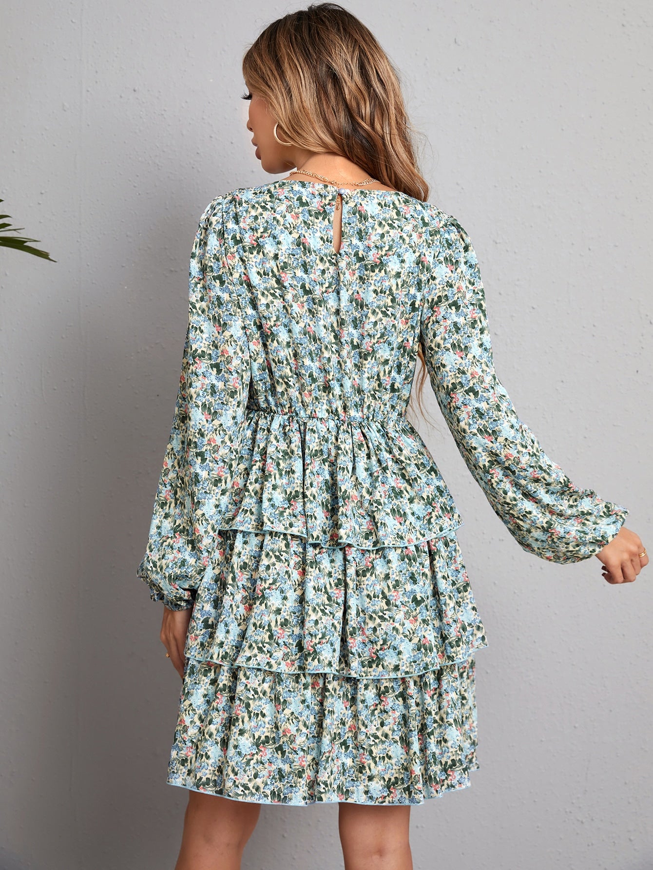 Allover Floral Layer Ruffle Hem Dress