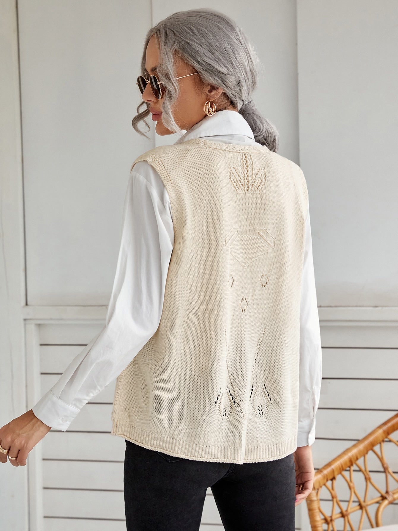 Pointelle Knit Vest Cardigan Without Blouse