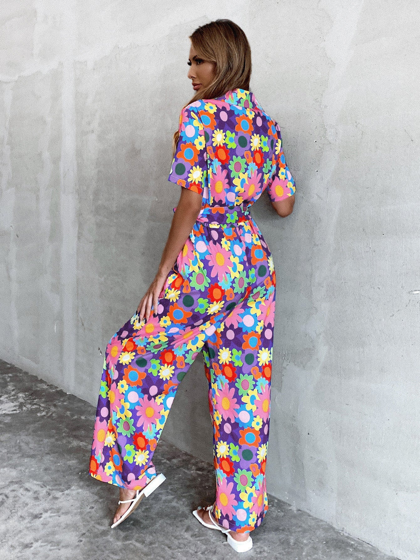 Allover Floral Belted Button Front Jumpsuit
