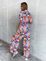 Allover Floral Belted Button Front Jumpsuit