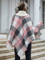 Buffalo Plaid Pattern Turtle Neck Poncho Sweater
