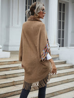 Fuzzy Collar Striped Fringe Trim Poncho Cardigan