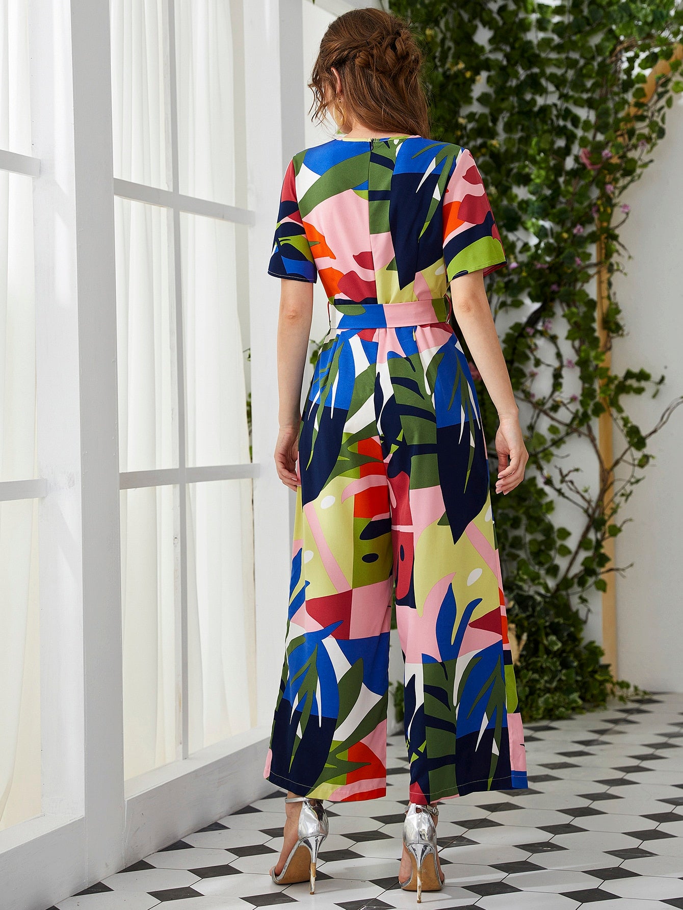 Color Block Belted Wide-leg Jumpsuit