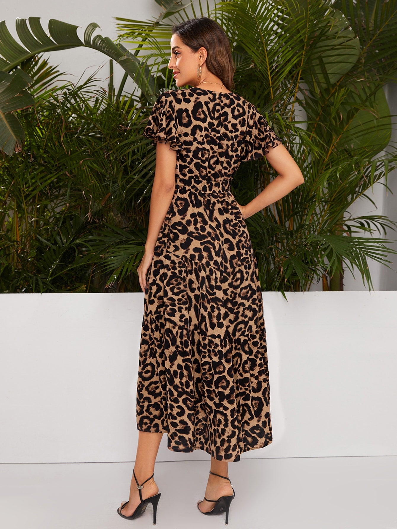 Leopard Butterfly Sleeve Belted Ruffle Hem A-line Dress