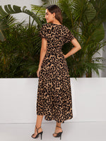 Leopard Butterfly Sleeve Belted Ruffle Hem A-line Dress