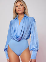 Deep V Collar Draped Front Drop Shoulder Bishop Sleeve Bodysuit