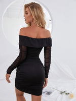 Off Shoulder Contrast Mesh Ruched Bodycon Dress