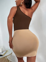 One Shoulder Color Block Topstitching Bodycon Dress