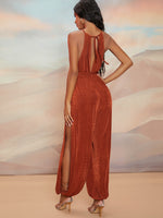 Tie Backless Split Side Belted Halter Jumpsuit