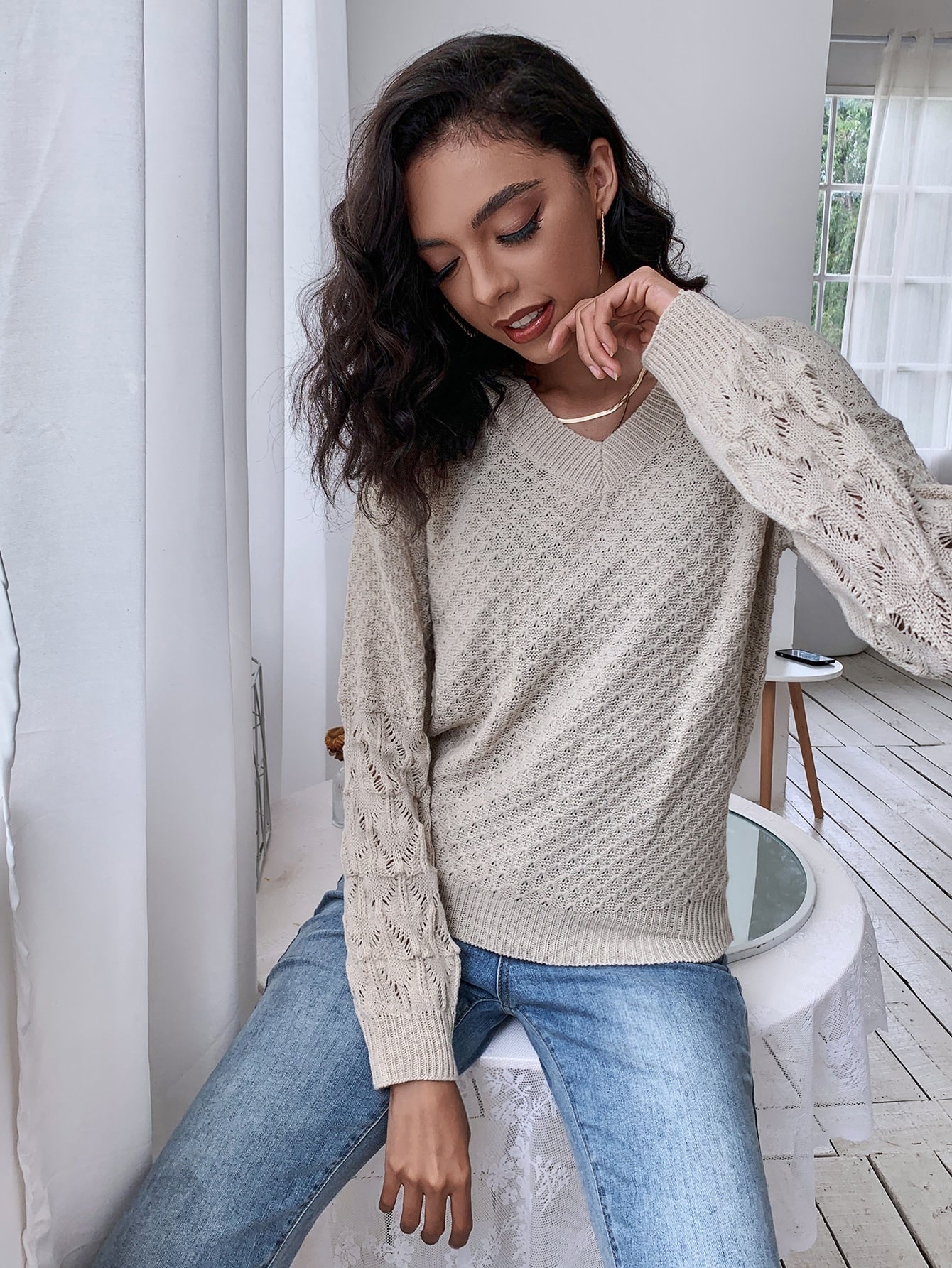 Solid V Neck Drop Shoulder Sweater