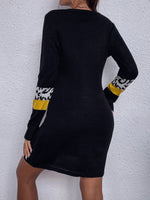 Color Block And Leopard Pattern Crew Neck Sweater Dress