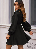 Button Front Mock Neck Bishop Sleeve Dress