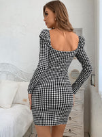 Houndstooth Print Puff Sleeve Bodycon Dress