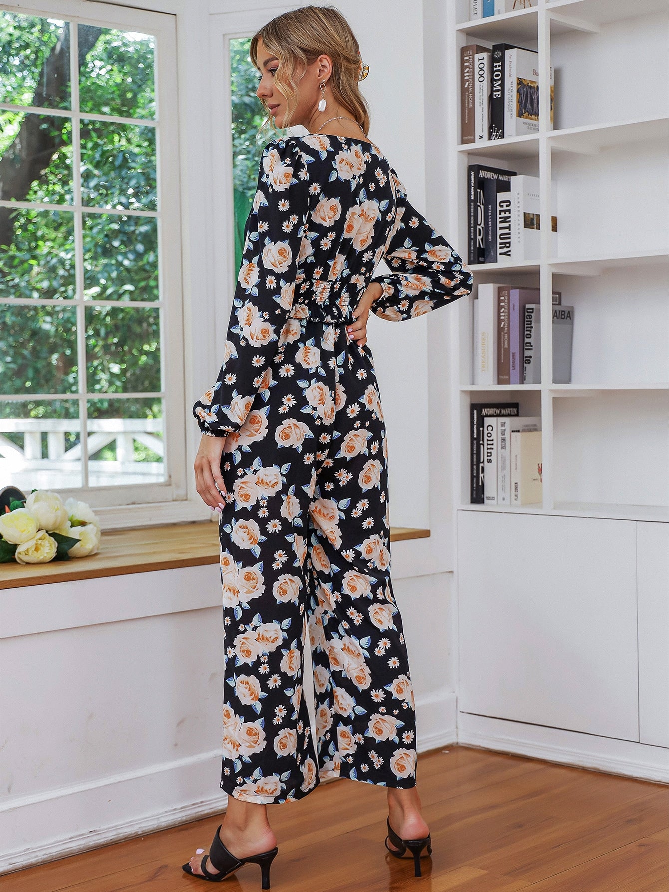 Floral Print Ruffle Trim Shirred Jumpsuit