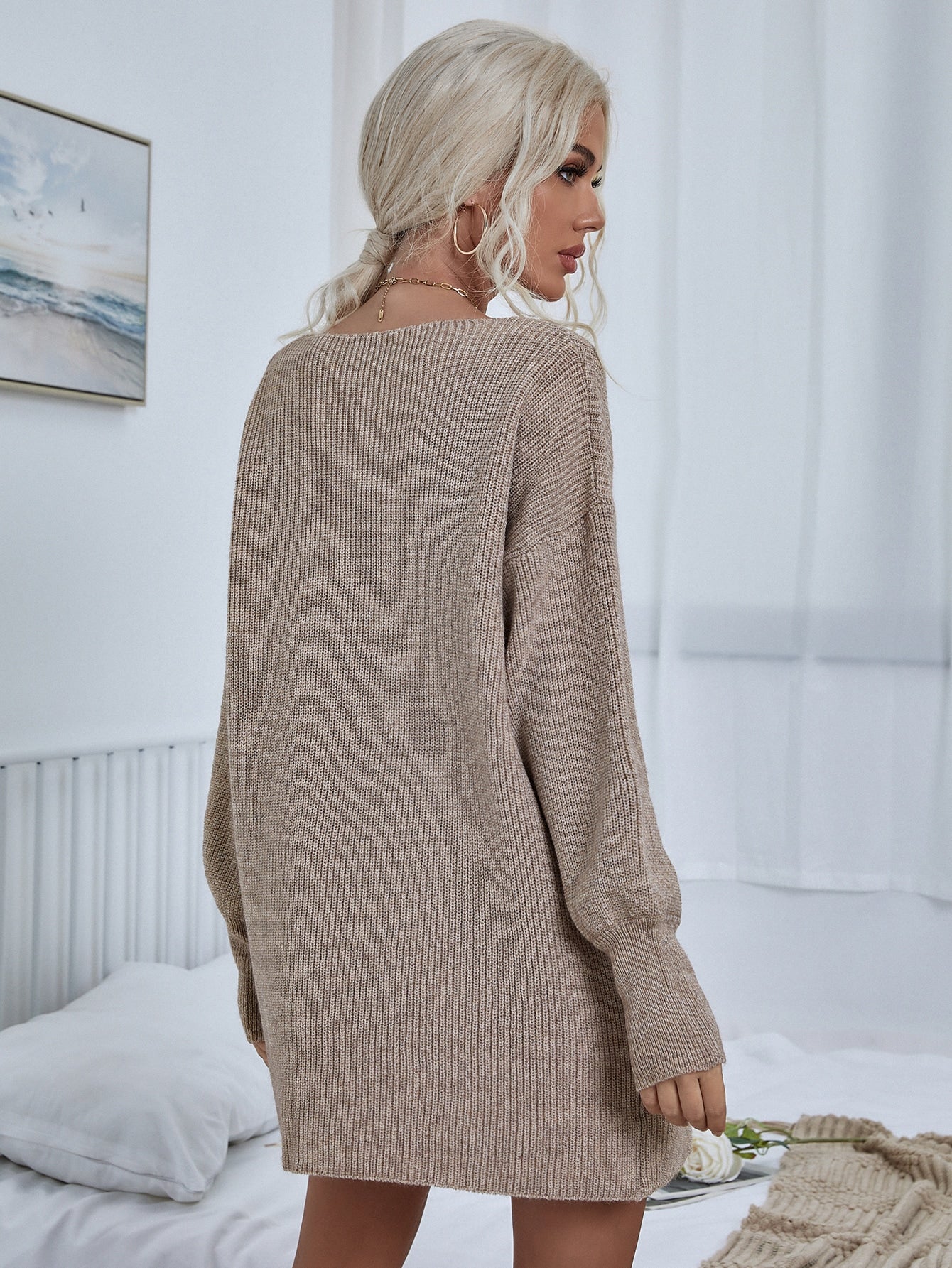 Drop Shoulder Solid Sweater Dress Without Knit