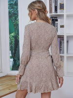 Allover Print Tie Front Ruffle Hem Wrap Dress