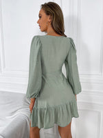 Bishop Sleeve Shirred Flounce Hem Dress