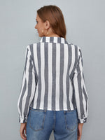 Striped Print Flap Pocket Tie Front Blouse