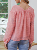Swiss Dot Bishop Sleeve Tie Front Blouse